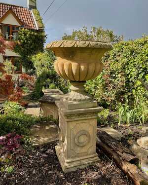 Sandstone Reeded Vase & Ornamental Plinth