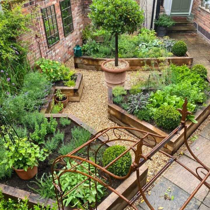 Aerial view of a garden with raised beds, plants, a large terracotta pot with potted tree, surrounded by brick walls.